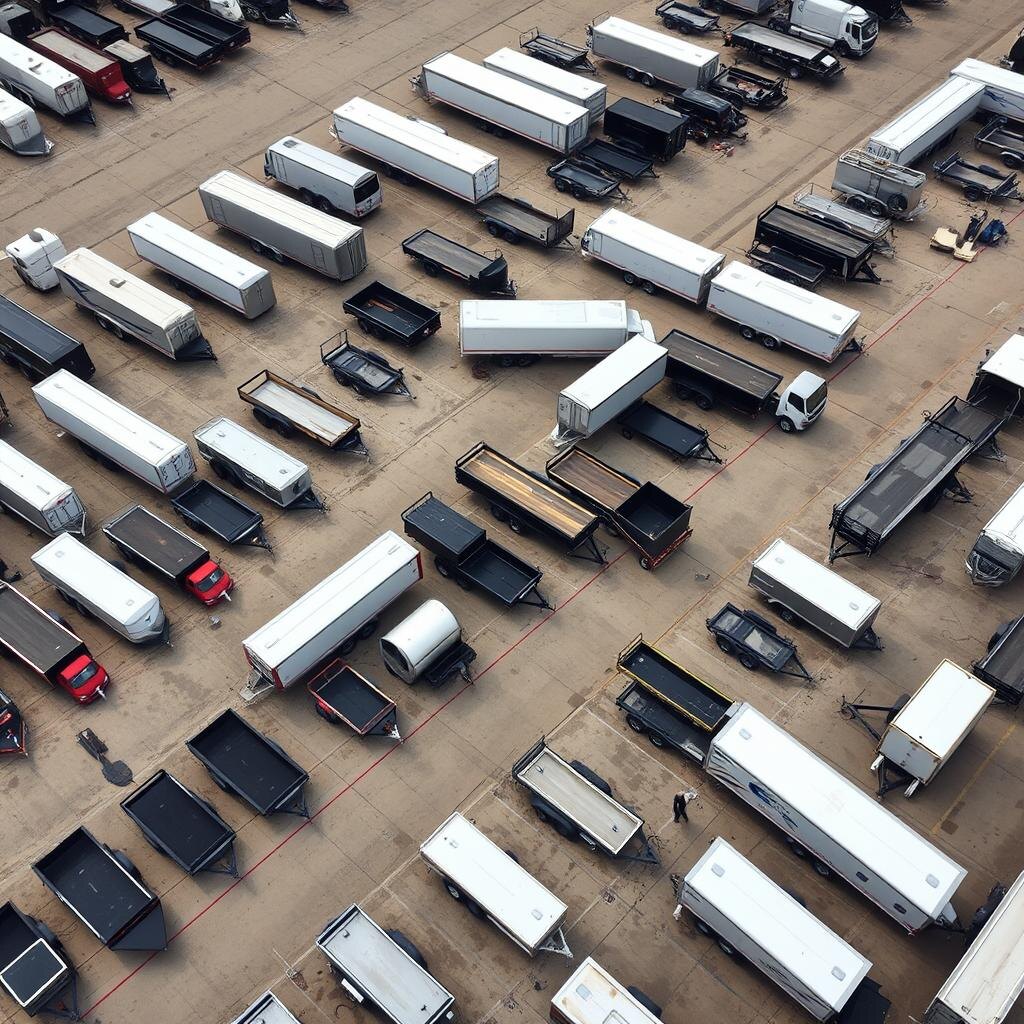 Fleet of rental trailers lined up on a lot